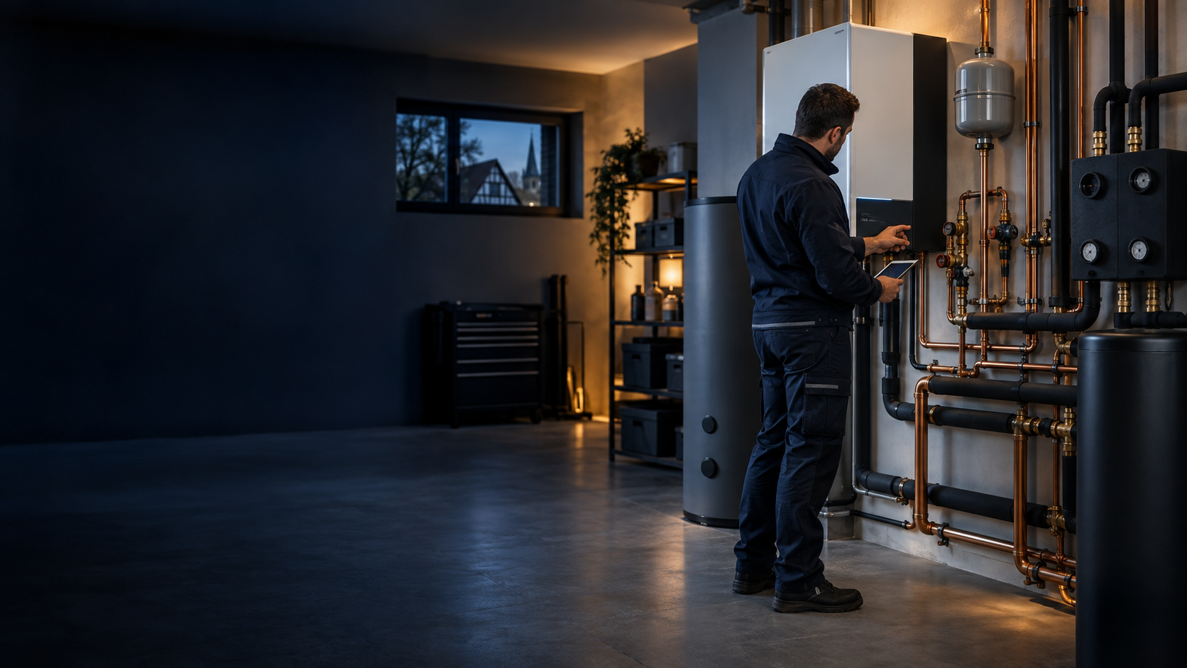 Technicien chauffagiste contrôlant une installation de chauffage moderne